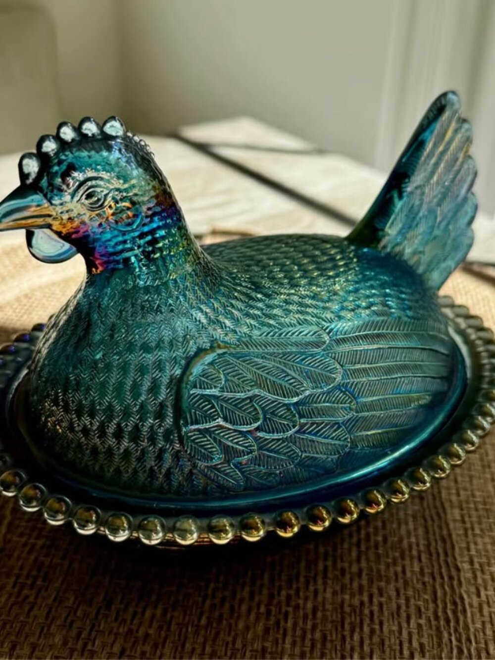 Vintage Indiana Glass Blue Carnival Iridescent Hen on Nest – 7”